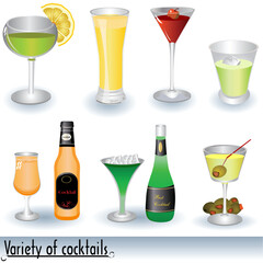 Vector illustration of different cocktails and bottles beside some of them.