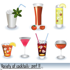 Vector illustration of different cocktails and bottles beside some of them.