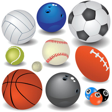 Vector illustration of ten colored sport balls for different activities.