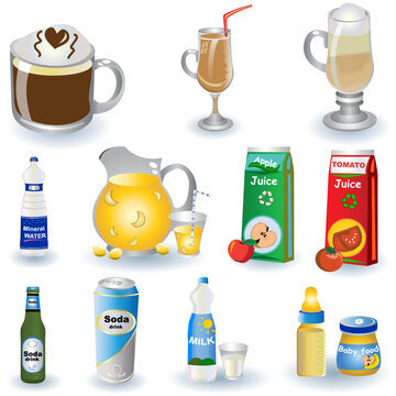 Color vector illustration of different non-alcoholic beverages isolated on white background.