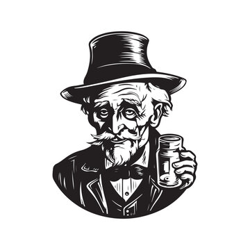 recommend clip art: drunken old guy, vintage logo line art concept black and white color, hand drawn illustration