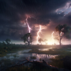 Obraz premium lightning in the desert, clouds, grass, thunderstorm, lightning, Generated by AI