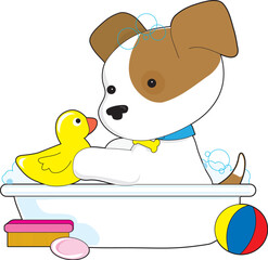 A cute puppy is having a bath with a rubber duckie