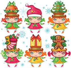Vector set of a cute Christmas girls wearing santa hats and top-hats with holiday decoration: Christmas fir tree, christmas ball, gingerbread cookie, christmas stocking, gift box. Isolated on balck ba