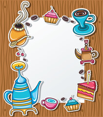 Cute grunge frame with coffee, tea, cake, yerba mate symbols, isolated on wooden background 3.