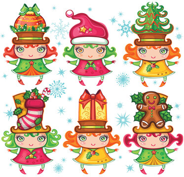 Vector set of a cute Christmas girls wearing santa hats and top-hats with holiday decoration: Christmas fir tree, christmas ball, gingerbread cookie, christmas stocking, gift box. Isolated on balck ba