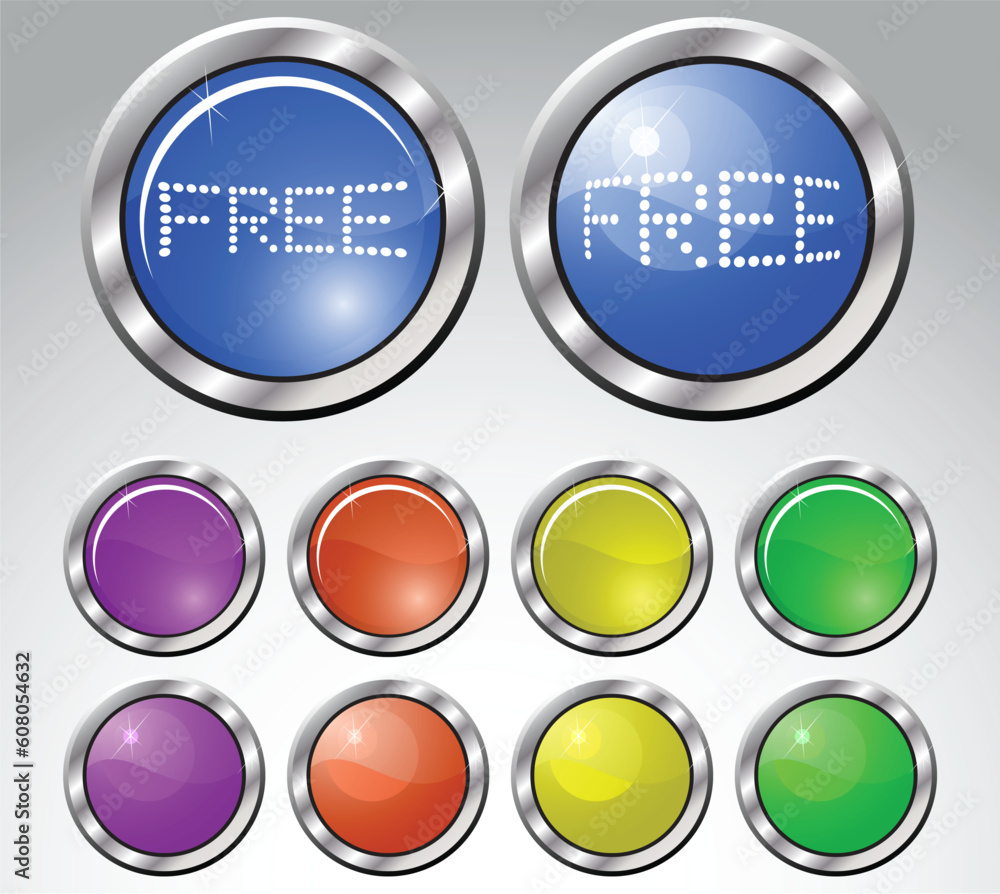 Poster set of multicolored glasses round buttons with metallic frame. vector illustration.