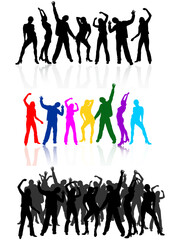 vector eps 10 illustration from different groups of dancing people silhouettes
