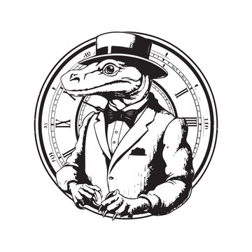 anthropomorphic komodo dragon, vintage logo line art concept black and white color, hand drawn illustration