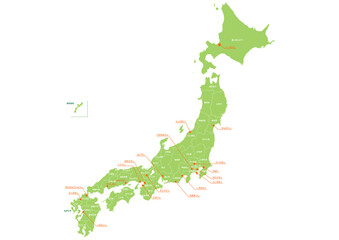 Naklejka premium ひらがなで都道府県と政令指定都市名を表示した日本地図 緑とオレンジのカラー地図イラスト