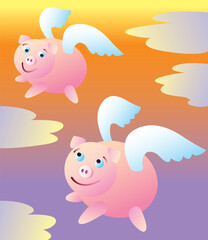 Two pigs with wings flying high into the sky.