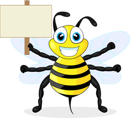 vector illustration of a cute bee holding wood sign. No gradient.
