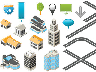 Map toolkit with Isometric Buildings and Roads © Designpics