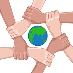 illustration of save earth with globe and hands on white background