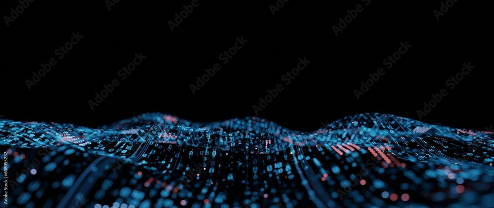 Poster 3D Rendering of abstract technology background. Digital binary data. Concept of big data, machine learning, artificial intelligence, hyper loop, virtual reality, high speed network. 