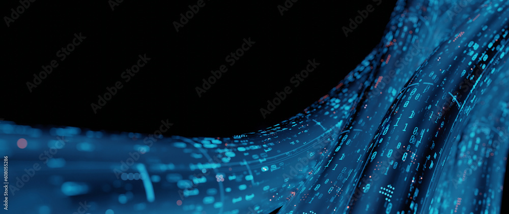 Poster 3d rendering of abstract glass tube, wire cable with digital binary data transmitting. inside ai con