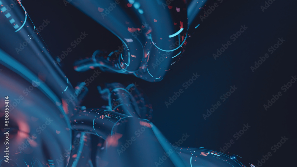 Poster 3d rendering of abstract glass tube, wire cable with digital binary data transmitting. inside ai con