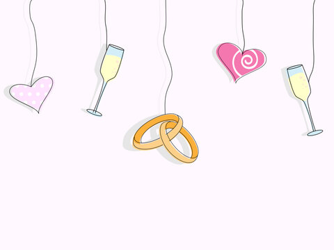 Vector pattern for wedding invitation. Wedding rings, hearts and glasses of champagne