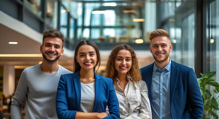 Obraz premium A team of professionals, both men and women in a modern office, showcasing their enthusiasm and camaraderie as they pose for a group photo while working on laptops. generative AI.