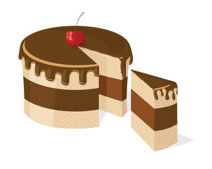 Vector sliced chocolate cake with delicious cherry for birthday, wedding, etc.