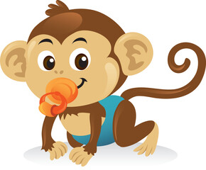 Cute baby monkey with a pacifier in a crawling pose.