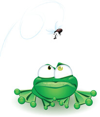 Frog with fly. Vector illustration on white background