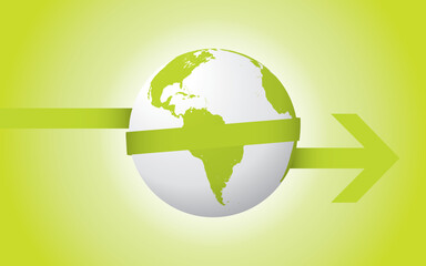 A globe wrapped around by an arrow, in green. Editable vector illustration.