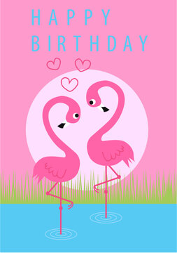 happy birthday card with flamingo birds