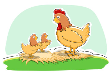 illustration of hen with chickens