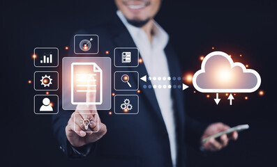 ERP document management, Documents management information system concept, Businessman using visual screen internet for Documents management information system and ERP program data directory in company © Suriyo
