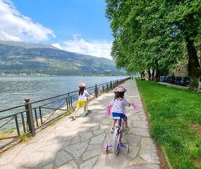 bike, scooter by the lake pamvotis in ioannina greece spring season