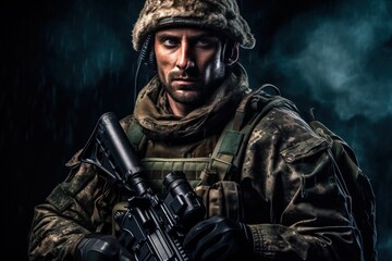 Fototapeta premium Portrait soldier with guns standing confident AI Generative