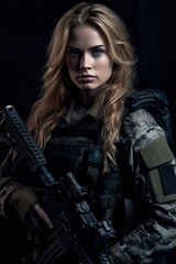 Obraz na płótnie Canvas Portrait female soldier with guns on the black background AI Generative