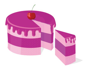 Vector sliced pink cake with delicious cherry for birthday, wedding, etc.