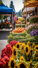 the energetic spirit of a weekend farmers market filled with fresh produce, colorful flowers, and engaging people, generative AI,
