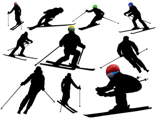 Naklejka premium Vector collection of isolated alpine skiing silhouettes on white background