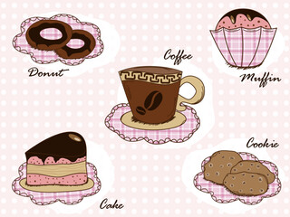 Vector set with cake, cookie, donut, muffin and coffee