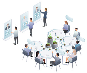 Isometric hiring and recruitment concept for web banner, presentation. Job interview, recruitment agency HR interview. Recruitment and career beginning concept. Vector illustration, background