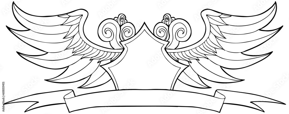 Poster hand drawn artsy pattern of waves and wings with crest symbol.