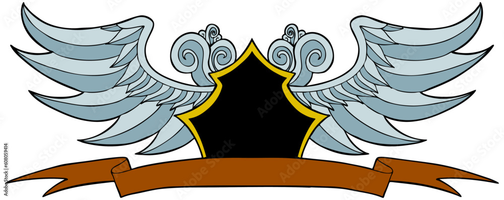 Poster hand drawn artsy pattern of waves and wings with crest symbol.