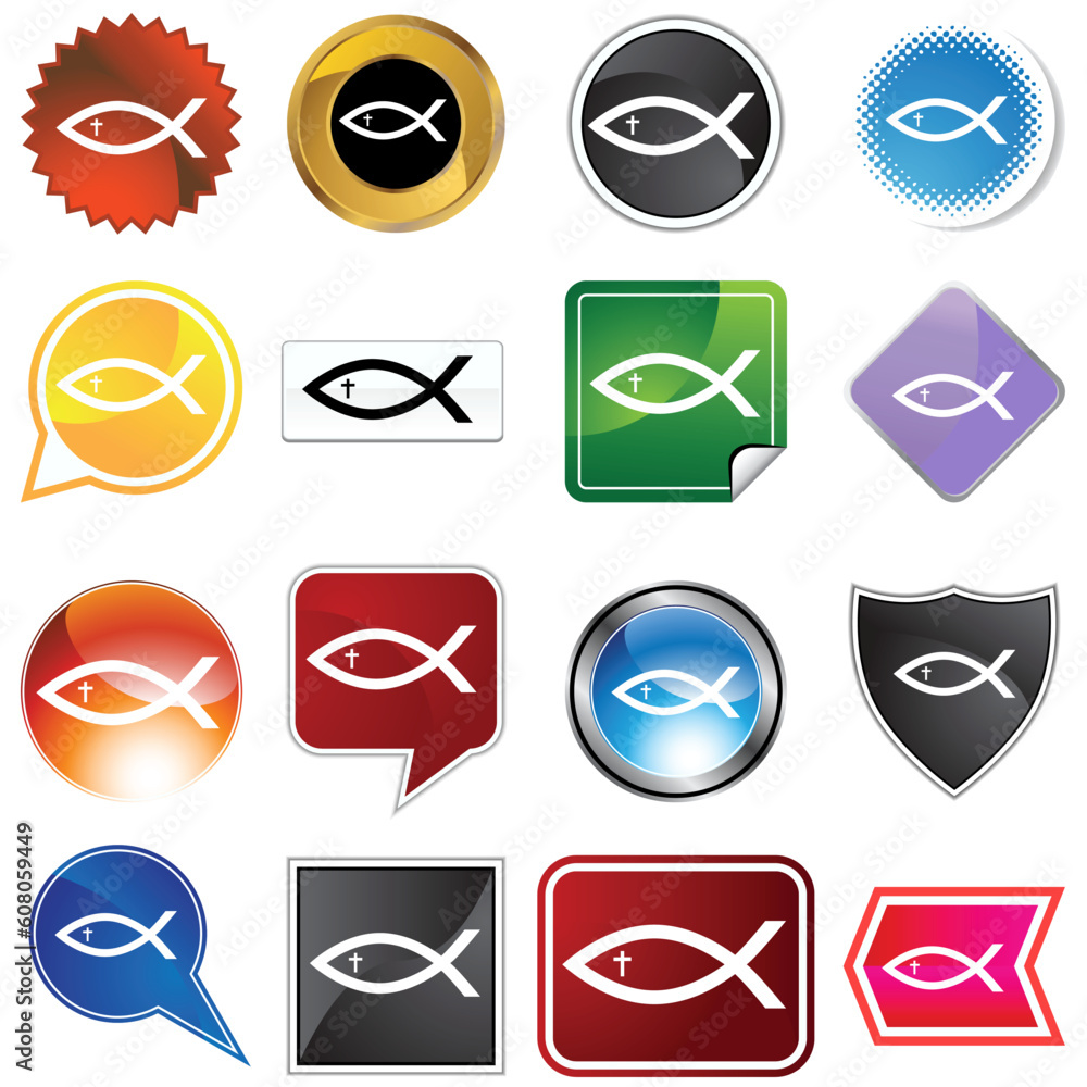 Poster a set of 16 icon buttons in different shapes and colors - religious fish.