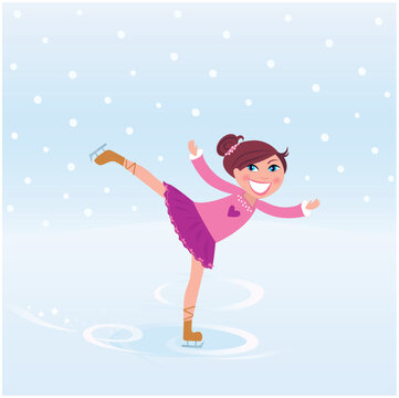 Vector Illustration of figure skating small girl training on Ice.