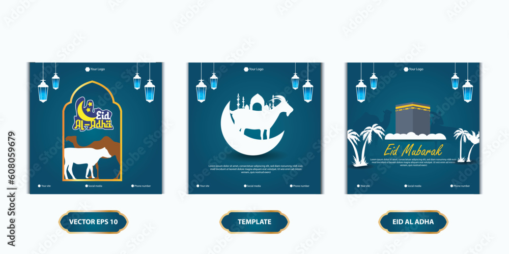 Wall mural Set Eid al Adha Social Media Post Template. Idul Adha Greeting Card Vector Illustration with vector of sacrificial animals, and Arabic ornaments, mosques, lanterns, Muslims Background