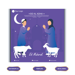 Set Eid al Adha Social Media Post Template. Idul Adha Greeting Card Vector Illustration with vector of sacrificial animals, and Arabic ornaments, mosques, lanterns, Muslims Background