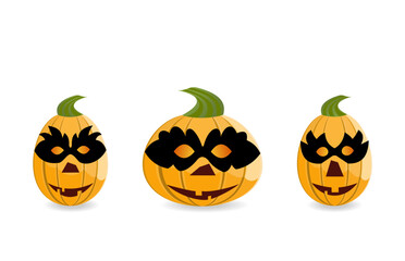 Halloween gang of pumpkins dressed in masks are isolated on white background