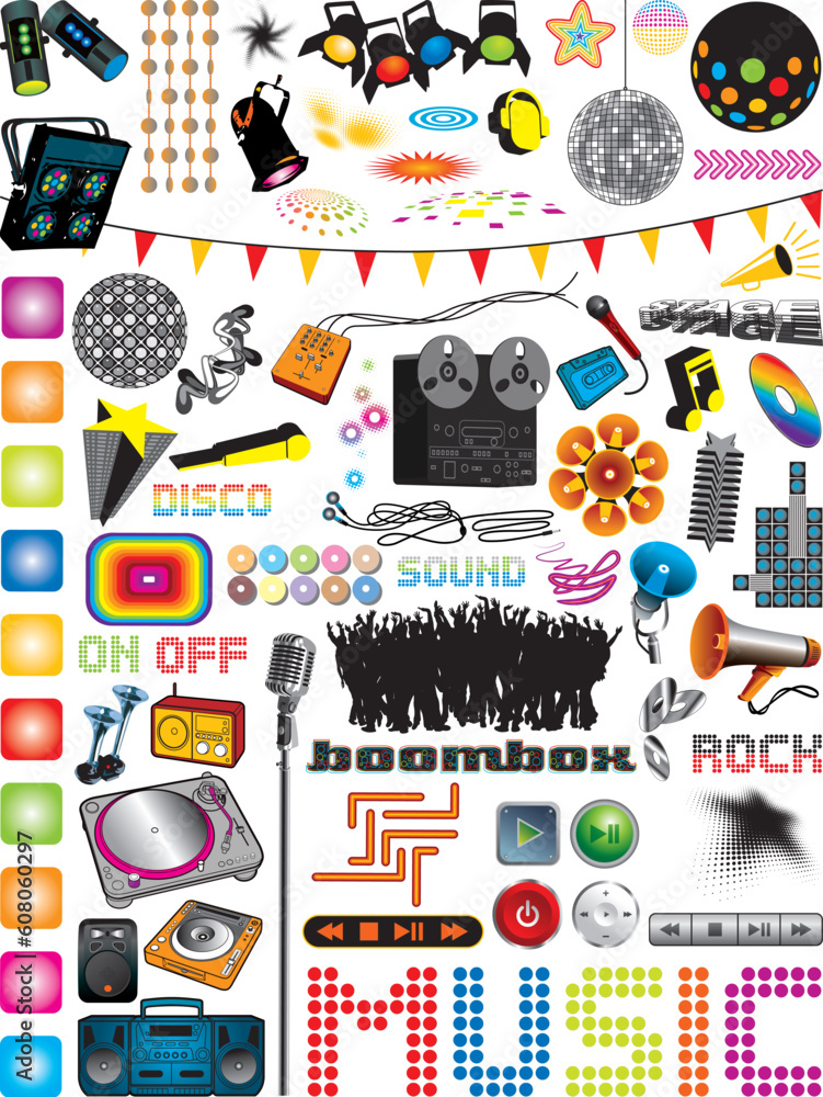 Poster vector graphics collection with many different music design elements, more music illustrations in my