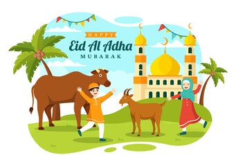 Obraz na płótnie Canvas Happy Eid Al Adha Mubarak Vector Illustration of Kids Muslims Celebration with Sacrificial Animals Goat and Cow in Cartoon Hand Drawn Templates