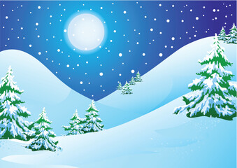Fototapeta na wymiar Night winter landscape: snow hills and pines