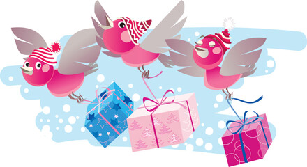 Vector illustration of three funny redhead birds bringing gifts