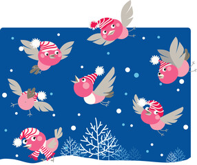 Vector illustration of funny birds enjoying snow